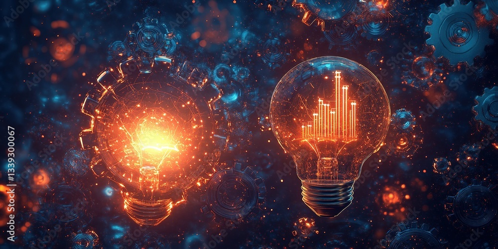 Poster modern technology conceptualizing ideas and innovation through glowing light bulbs with data visuali