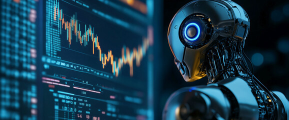 Metallic robot analyzes stock market data displayed on a screen, showcasing artificial intelligence in finance, technological advancement, and future of trading