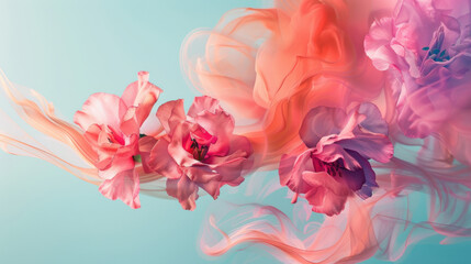 Fototapeta premium Vibrant pink and coral flowers blend with soft flowing colors, creating dreamy atmosphere. delicate petals evoke sense of tranquility and beauty
