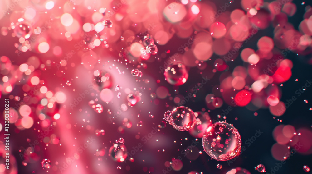 Poster bubbles floating in dreamy red background create magical atmosphere. vibrant colors and soft focus e