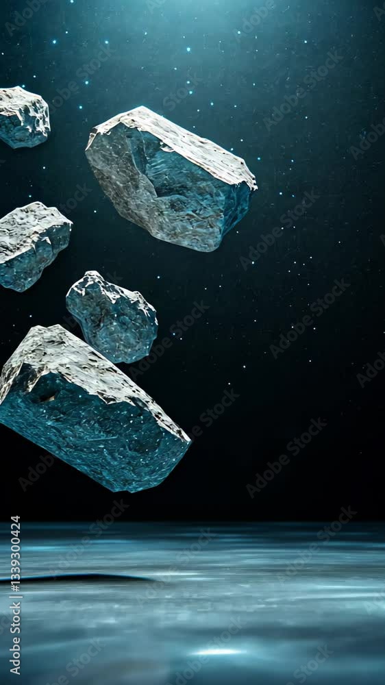 Poster floating rocks create an ethereal atmosphere, illuminated by soft underwater light, enhancing depth