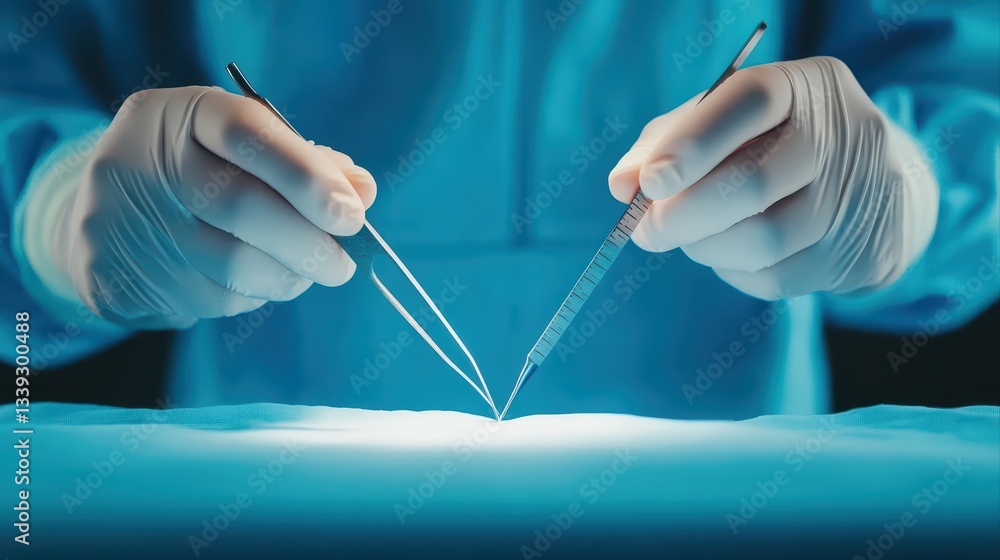 Poster skilled surgeons performing precise surgical procedure with instruments under focused lighting