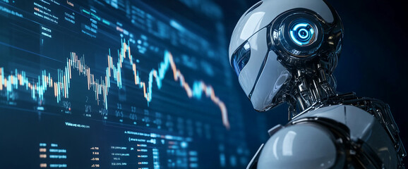 White robot analyzes stock market data displayed on a screen, showcasing AI in finance, technology, and future trends