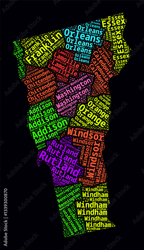 Poster vermont word cloud. bright neon style design on a dark background. region names text cloud in the bo