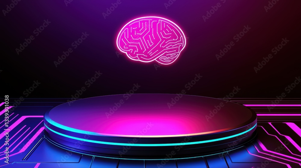 Poster glowing brain concept hovering above futuristic platform in digital technology environment