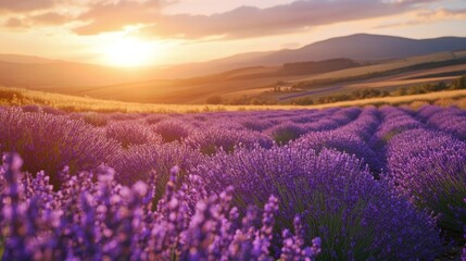 Fototapeta premium A beautiful lavender field in full bloom with rolling hills and a soft golden light.