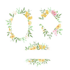 Frames with watercolor yellow flowers and leaves