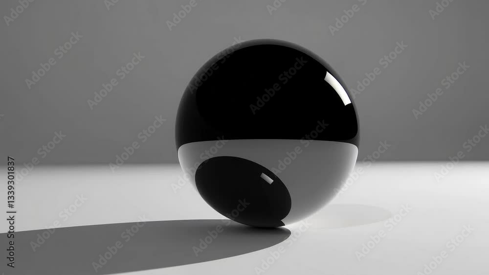 Poster glossy black and white spheres rotating with dynamic shadows in minimalist space