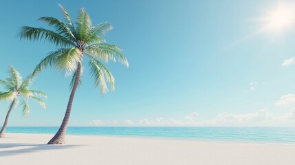 Serene beach scene, tropical palm trees swaying, clear blue sky and calm ocean, perfect for relaxation and escape.