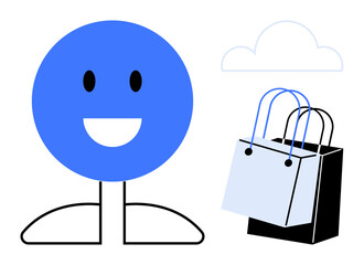Stick figure with a smiling blue face standing beside two shopping bags one white, one black. Ideal for retail, shopping, consumer behavior, e-commerce, customer satisfaction, happiness