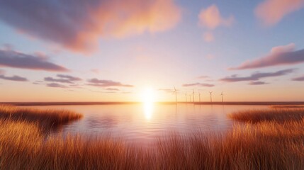 Serene sunrise over a calm lake, tranquil water reflecting soft pastel clouds and golden sunlight, perfect for calmness and inspiration.