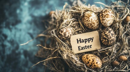 Obraz premium Happy Easter sign in nest with decorative eggs