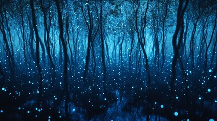 Obraz premium Enchanted Forest at Night with Glowing Lights in Deep Blue