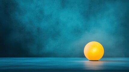 A glowing yellow sphere rests on a dark blue surface against a textured teal background with hazy lighting.