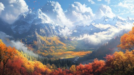 A breathtaking mountain range with vibrant fall foliage in the valley below.