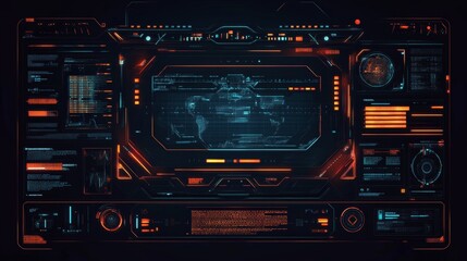 Futuristic Interface HUD Showing Earth Map and Data Visualization Elements in Orange and Blue