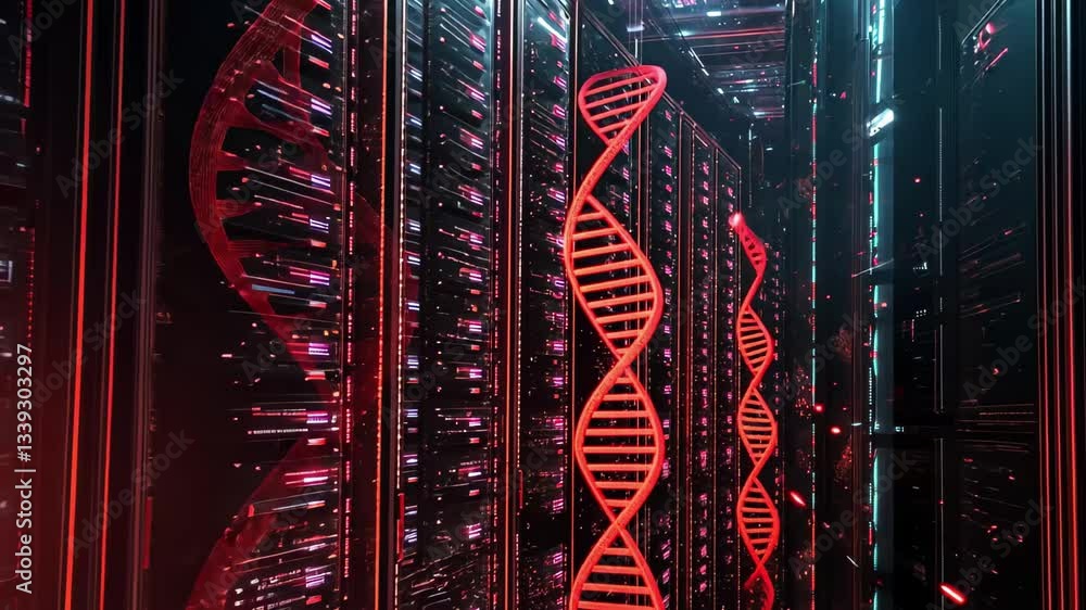 Poster data processing with dna strands in a high-tech server room under dim lighting, dna strands and data