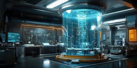 Interior view of a futuristic laboratory with advanced technology and glowing displays