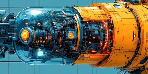 Detailed futuristic machine element with glowing lights inside a clear dome and adjacent yellow structure