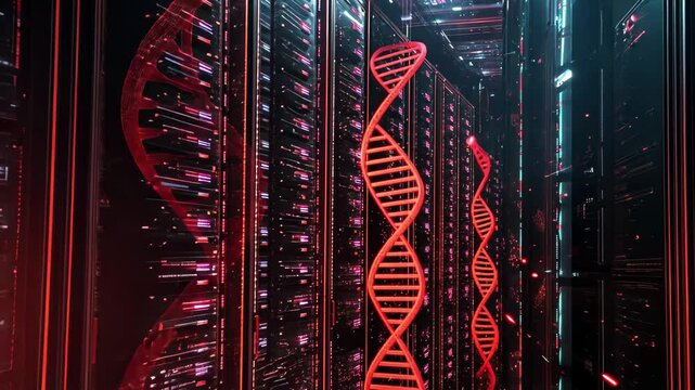 Data processing with dna strands in a high-tech server room under dim lighting, dna strands and data processing over server room - Powered by Adobe