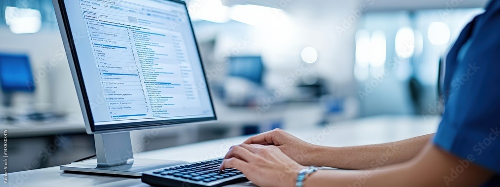 Poster hands typing on computer keyboard in modern office environment