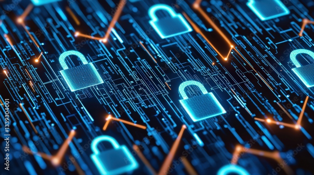 Poster digital security background with padlocks and circuit patterns