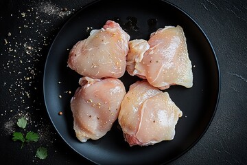 Freshly prepared chicken thighs on a black plate against a dark background with spices sprinkled around