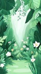 Fototapeta premium Lush green jungle environment with vibrant plants and delicate white flowers
