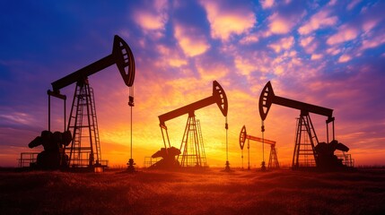 Oil Pumpjacks at Sunset: Silhouette Energy Industry