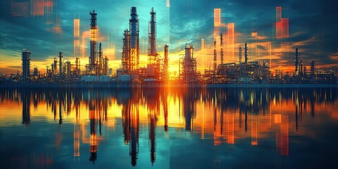 Oil refinery plant reflecting in water at sunset with rising data visualizations