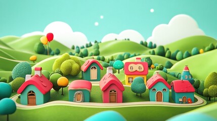Cartoon village on a green rolling landscape under blue skies
