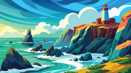 Naklejka premium Coastal Lighthouse Scenic View Dramatic Ocean Cliffs Seascape Illustration