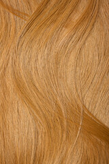 Red hair close-up as a background. Women's long orange hair. Beautifully styled wavy shiny curls. Hair coloring bright shades. Hairdressing procedures, extension.