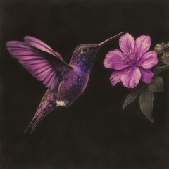 Fototapeta premium Vibrant Hummingbird Feeding on Purple Flower in Dark Background
