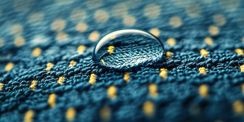 Water droplet resting on blue patterned fabric, close-up abstract texture of clothing