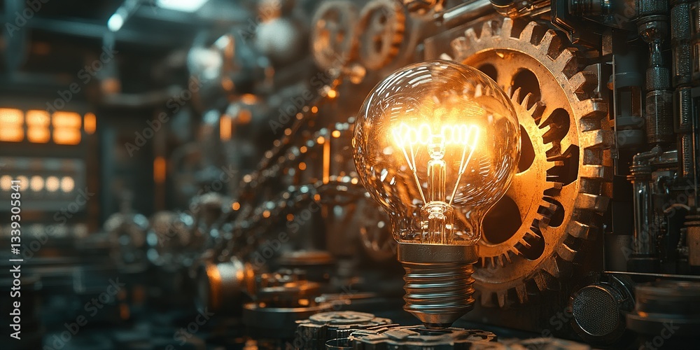 Poster light bulb illuminates intricate mechanical gears and cogs in a steampunk style machine