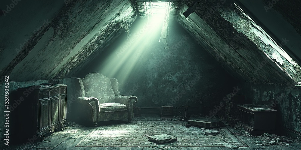 Poster sunlight streams into old attic with armchair and furniture, creating a dusty and abandoned atmosphe