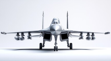 Fototapeta premium Fighter jet airplane on white background showcasing its design in a clean, modern studio shot