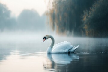Fototapeta premium Close-up photo, swans calmly swimming in a cool, dewy lake in the morning, foggy atmosphere