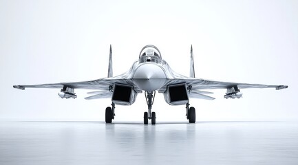 Fototapeta premium Fighter jet: Airplane stands ready on the ground, ready for take off in a studio with a clean, minimal style