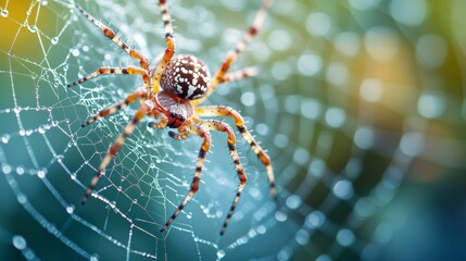 Obraz premium A close-up of a delicate, patterned spider resting on a dew-covered web. 