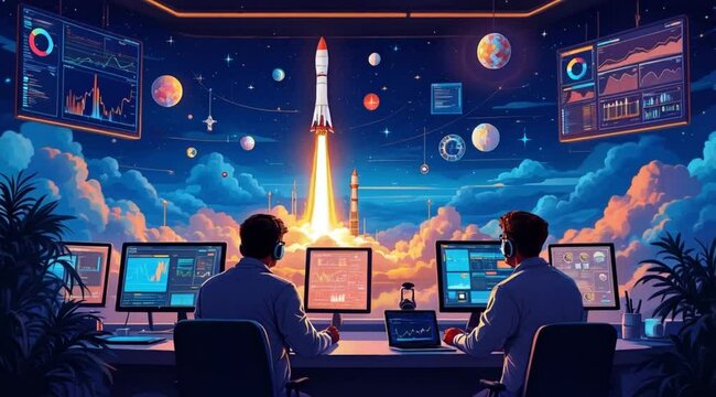 Space launch control room, engineers monitoring rocket ascent, planets backdrop, future technology