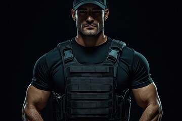 Strong individual in tactical gear standing confidently in a dark environment during a security training exercise