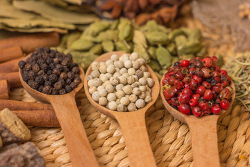 A variety of spices arranged on a straw background, showcasing rich colors and textures