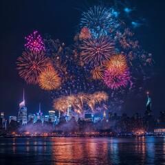 Obraz premium New York City skyline with colorful fireworks celebrating New Year's Eve at night