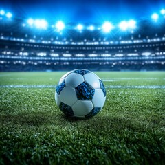 Fototapeta premium A soccer ball on a grass field in a modern stadium, illuminated by bright blue floodlights