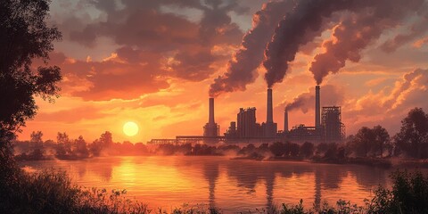 Fototapeta premium Industry emits smoke by river at sunset casting orange glow across the water