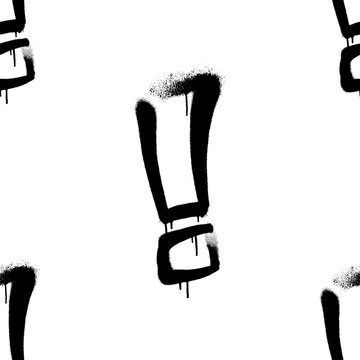 Seamless pattern of sprayed exclamation mark with overspray in black over white. Vector illustration.