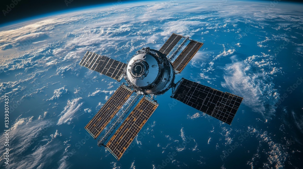 Poster A satellite equipped with solar panels is transmitting telemetry data as it orbits Earth, monitoring cosmic radiation and atmosphere conditions.