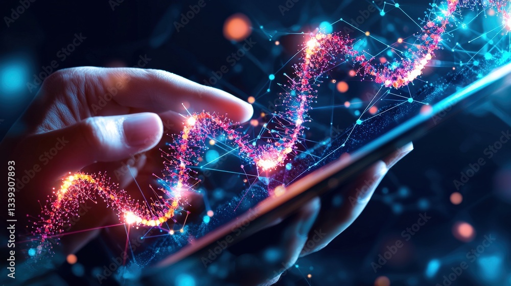 Poster hand using smartphone with colorful data visualization concept